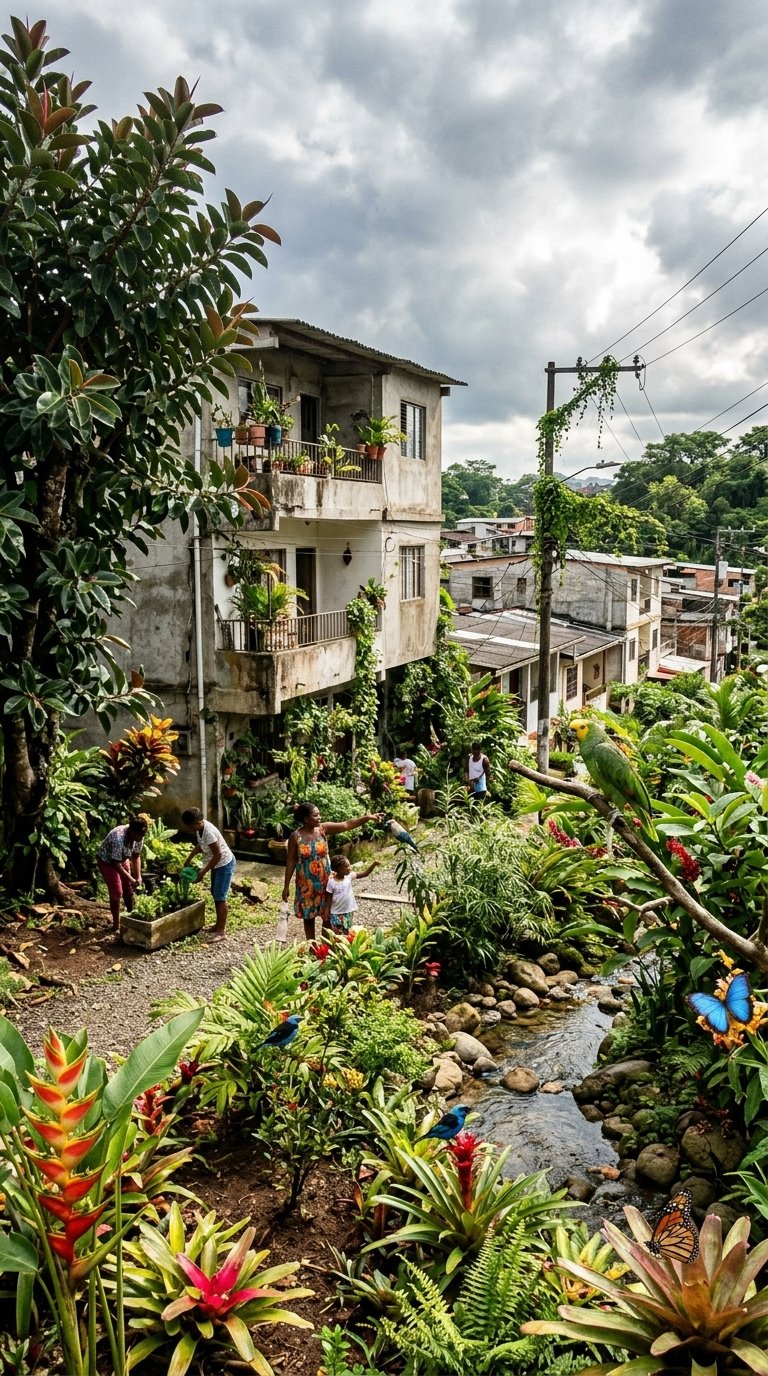 Fotografía de biodiversidad urbana en Buenaventura con un jardín comunitario, personas, una quebrada limpia, un loro y plantas nativas frente a casas de dos pisos.