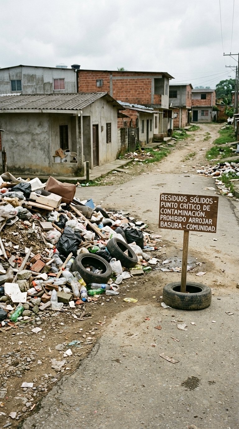 Fotografía de un punto crítico de contaminación con acumulación de residuos sólidos en una calle de barrio y un letrero de advertencia sobre la prohibición de arrojar basura.