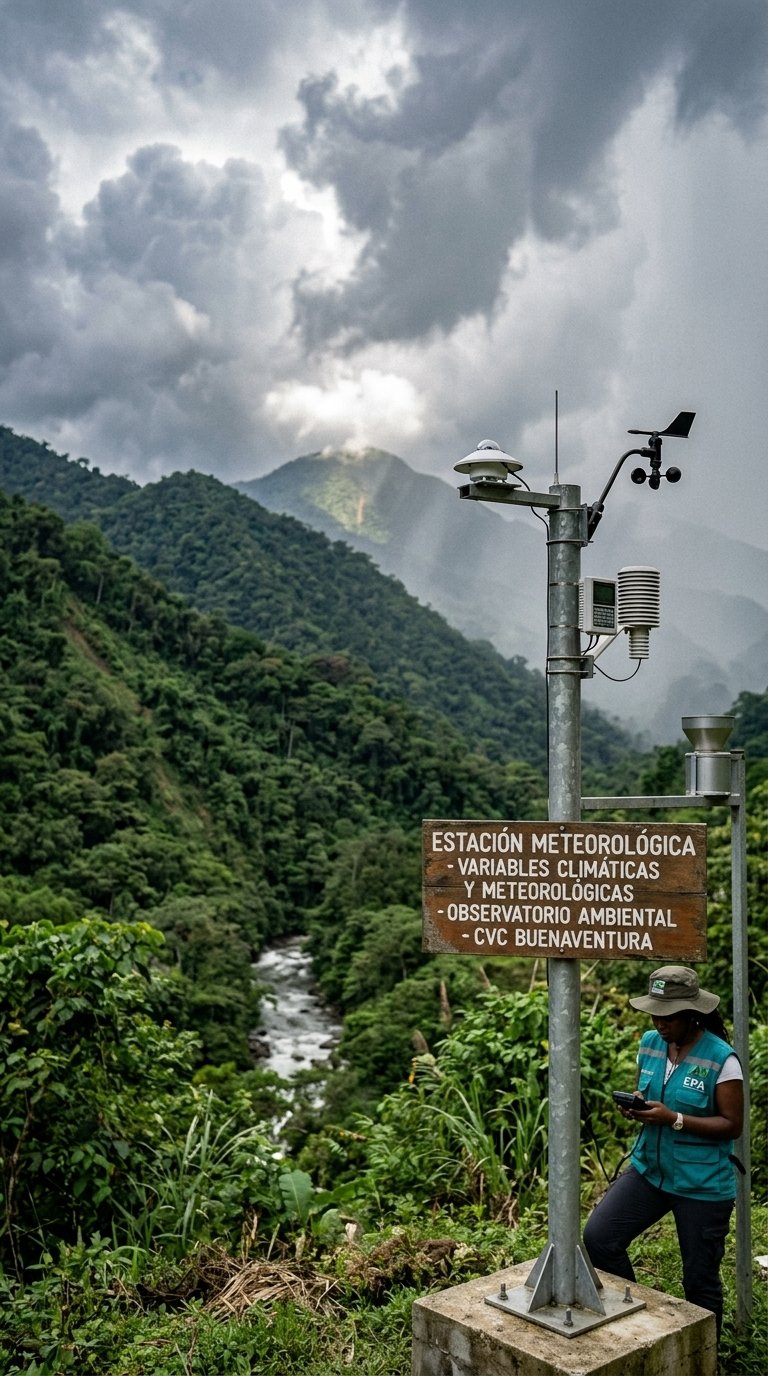 Fotografía de una estación meteorológica automática con sensores de viento y temperatura, instalada en una zona montañosa con vegetación densa y cielo nublado. Un técnico realiza mantenimiento.