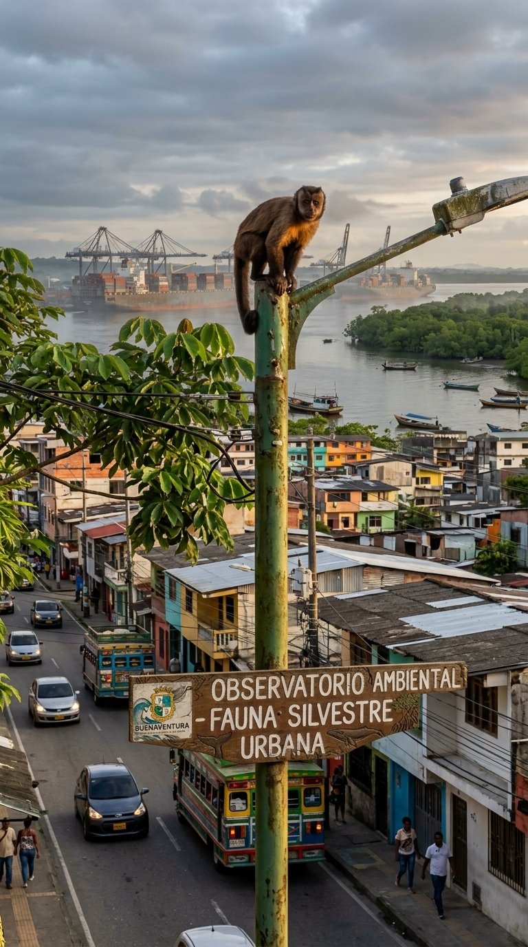 Un mono capuchino encaramado en un poste de luz en una calle de Buenaventura, con un letrero de madera que dice: Observatorio Ambiental - Fauna Silvestre Urbana. Al fondo se ve la bahía y barcos de carga.